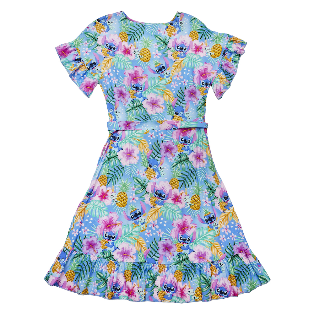 Back view of the Ilana Stitch Shoppe dress, featuring an all-over pattern of tropical designs, including flowers, pineapples, and Stitch from Lilo and Stitch